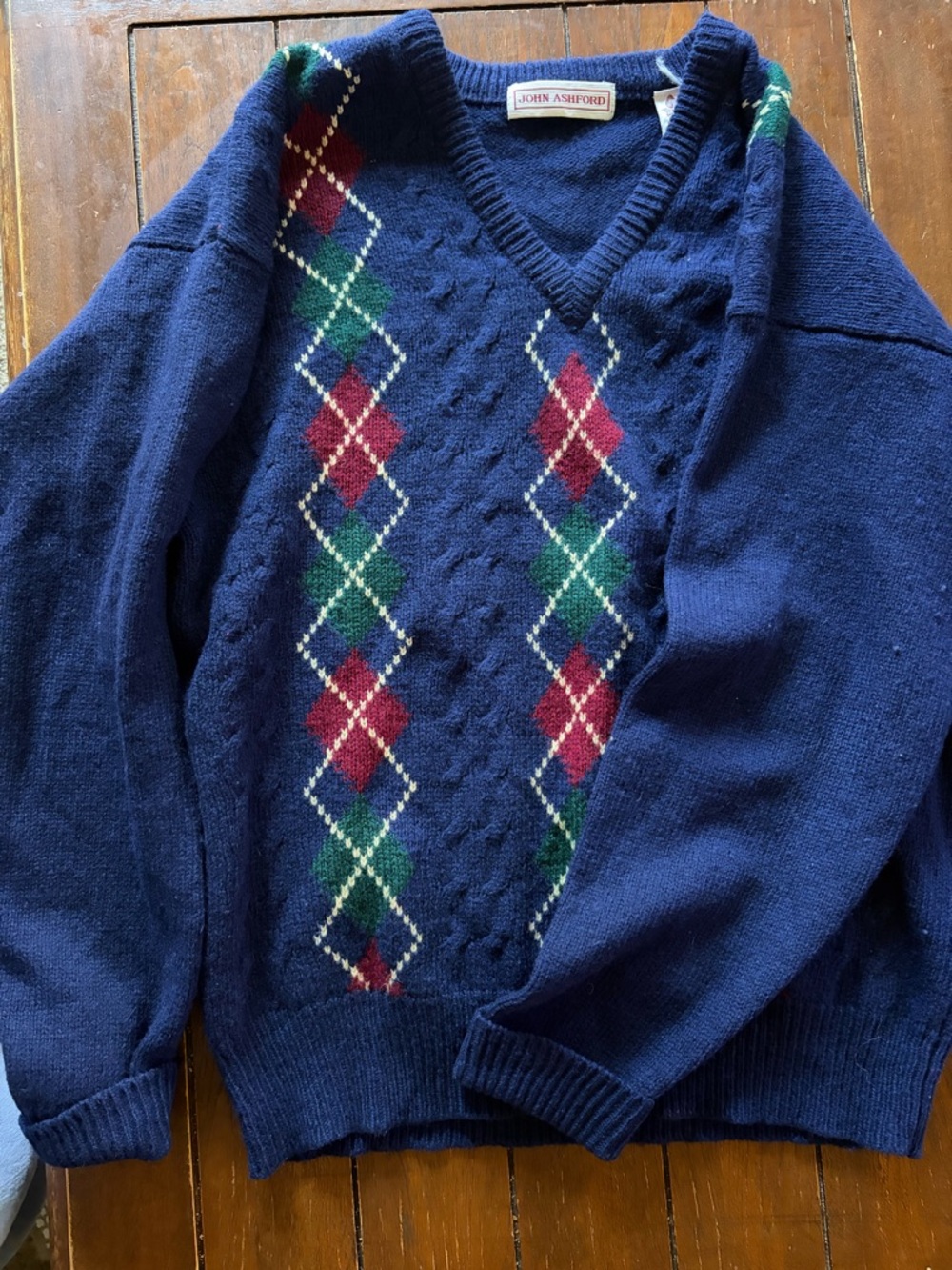 John Ashford 100% Wool Blue V-Neck Sweater with Red and Green Argyle